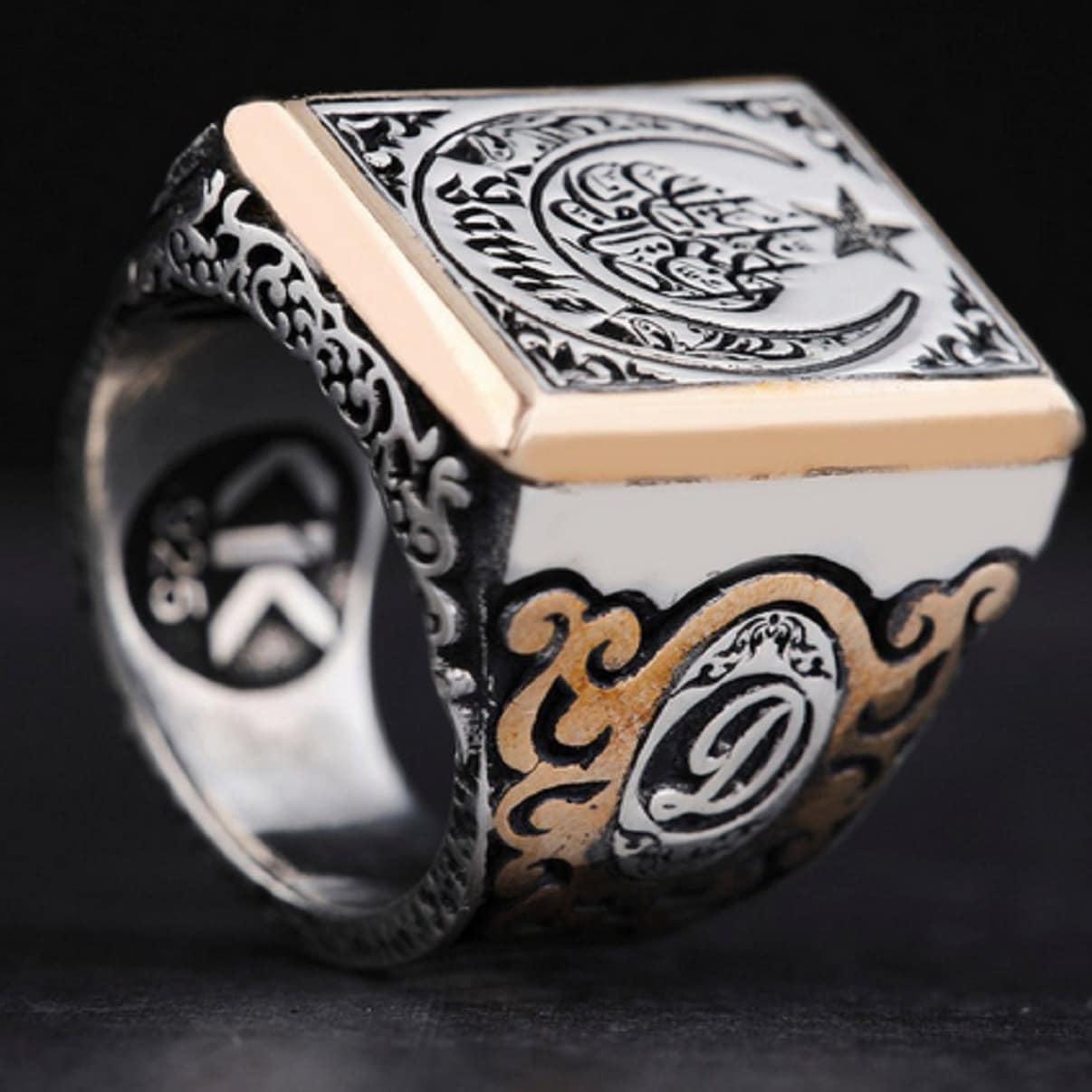 Bedeutungsvolles Geschenk – Herrenring aus 925er Sterlingsilber mit geschriebenem Halbmond und Sure Mulk