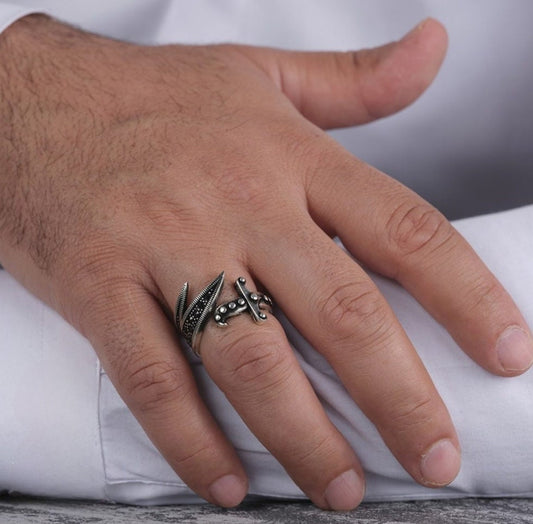 Zulfiqar Sword Ring 925 Silver Black Zircon Adjustable Handmade