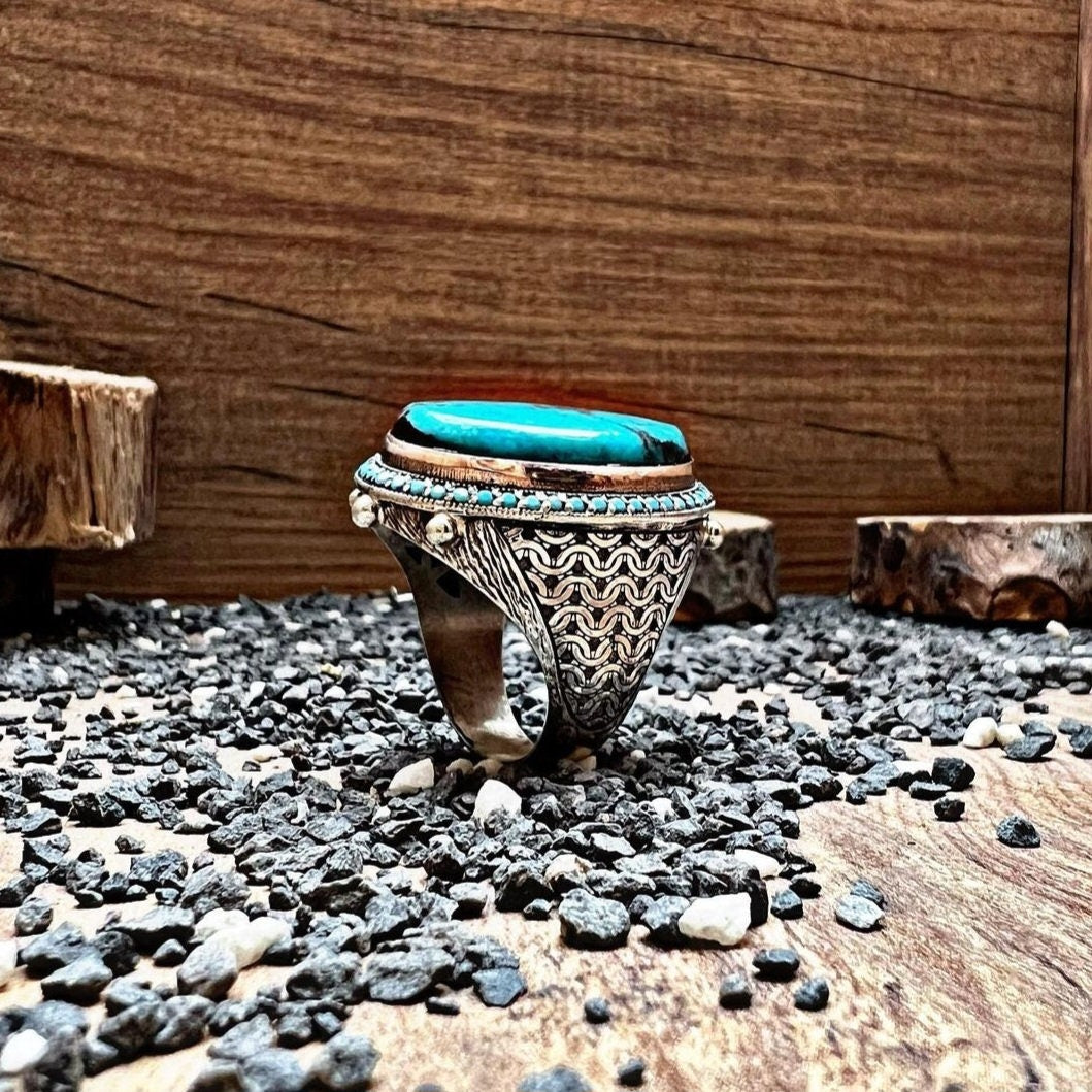 Oval Turquoise Ring 925 Silver Ottoman Men Handmade Bezel Set