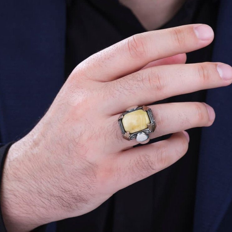 Yellow Amber Ring 925 Silver Drop Stone Handmade Men Statement