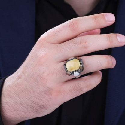 Yellow Amber Ring 925 Silver Drop Stone Handmade Men Statement