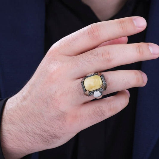 Yellow Amber Ring 925 Silver Drop Stone Handmade Men Statement