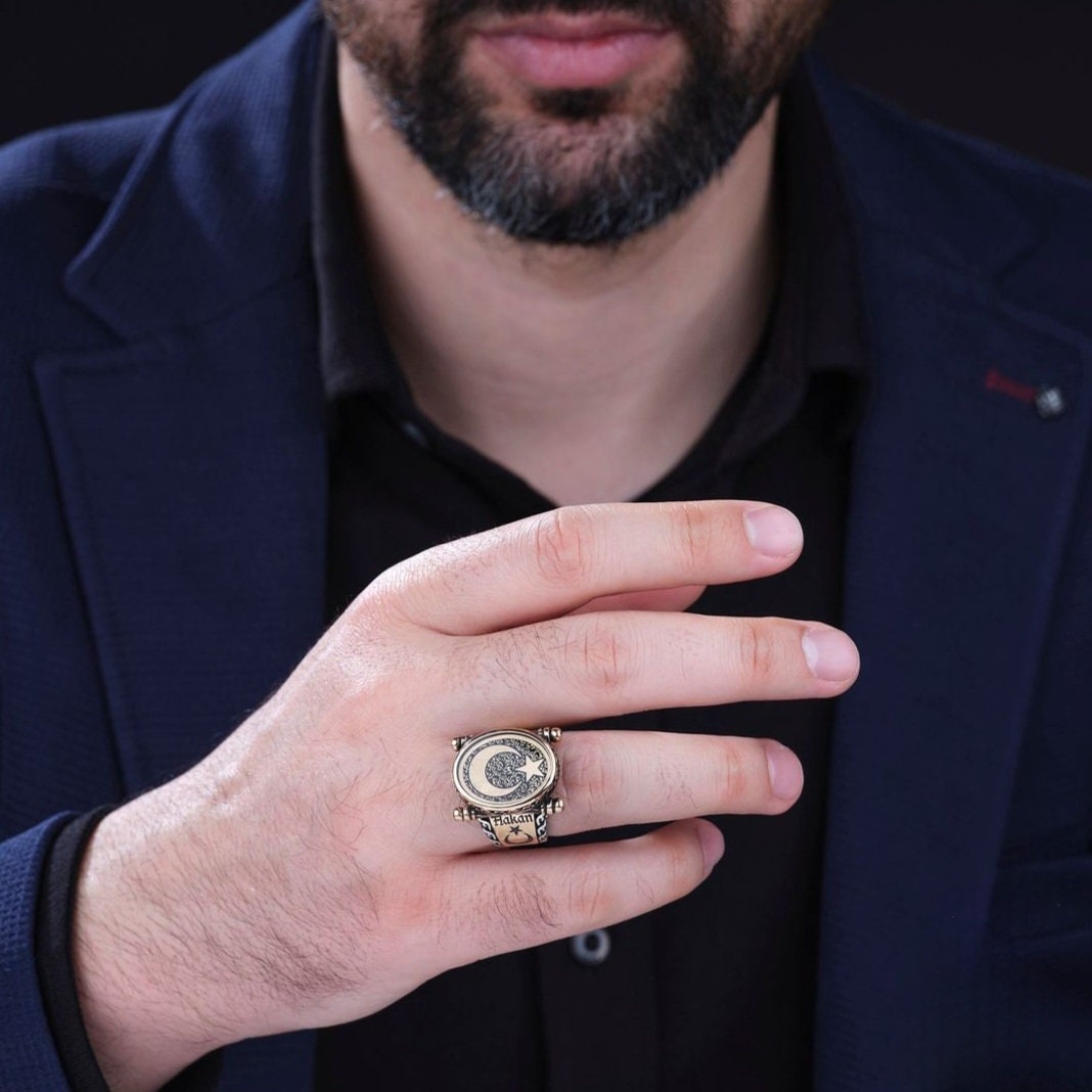 Türkischer Stern- und Mondring: Handgefertigter Herrenschmuck aus 925er Sterlingsilber