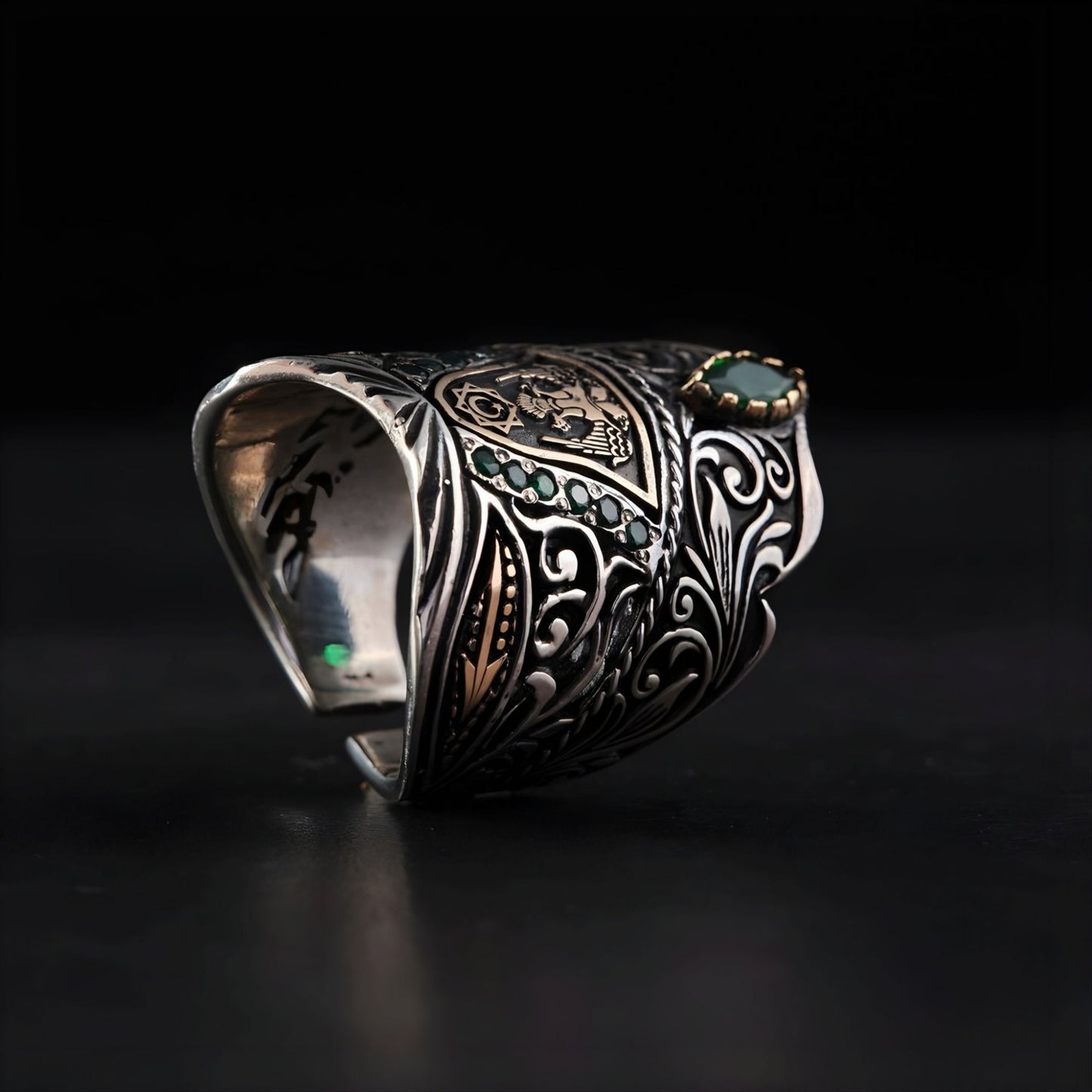 Double Eagle Zihgir Ring 925 Silver Green Zircon Seljuk Handmade