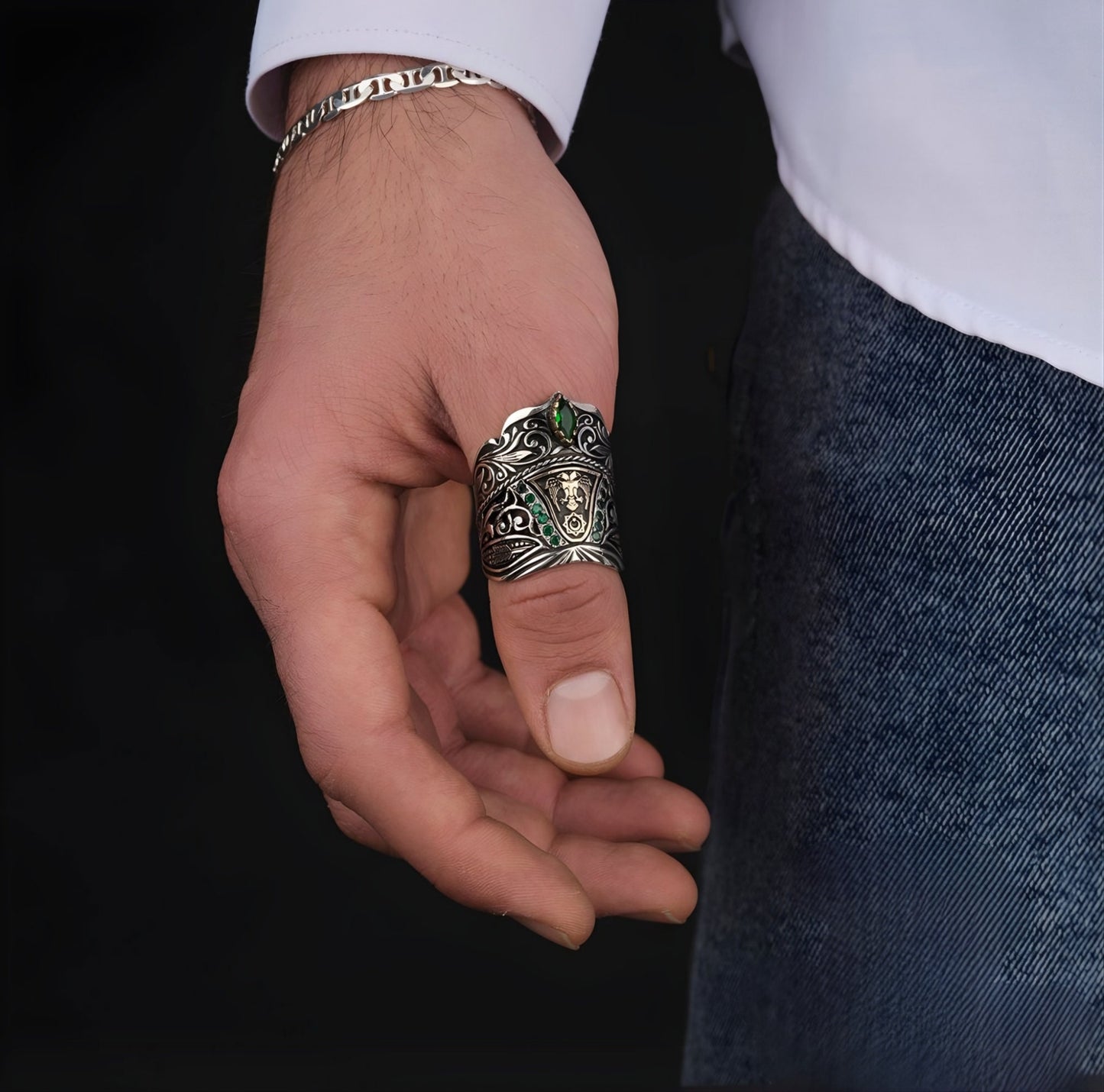 Double Eagle Zihgir Ring 925 Silver Green Zircon Seljuk Handmade