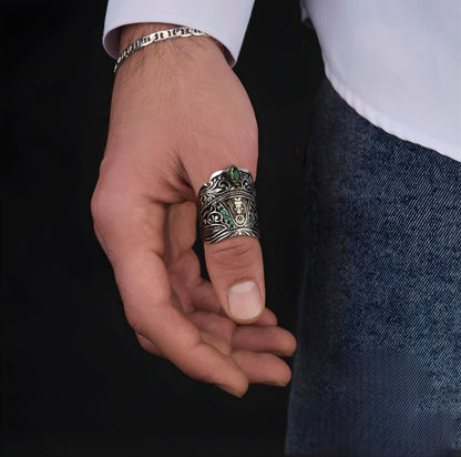 Double Eagle Zihgir Ring 925 Silver Green Zircon Seljuk Handmade