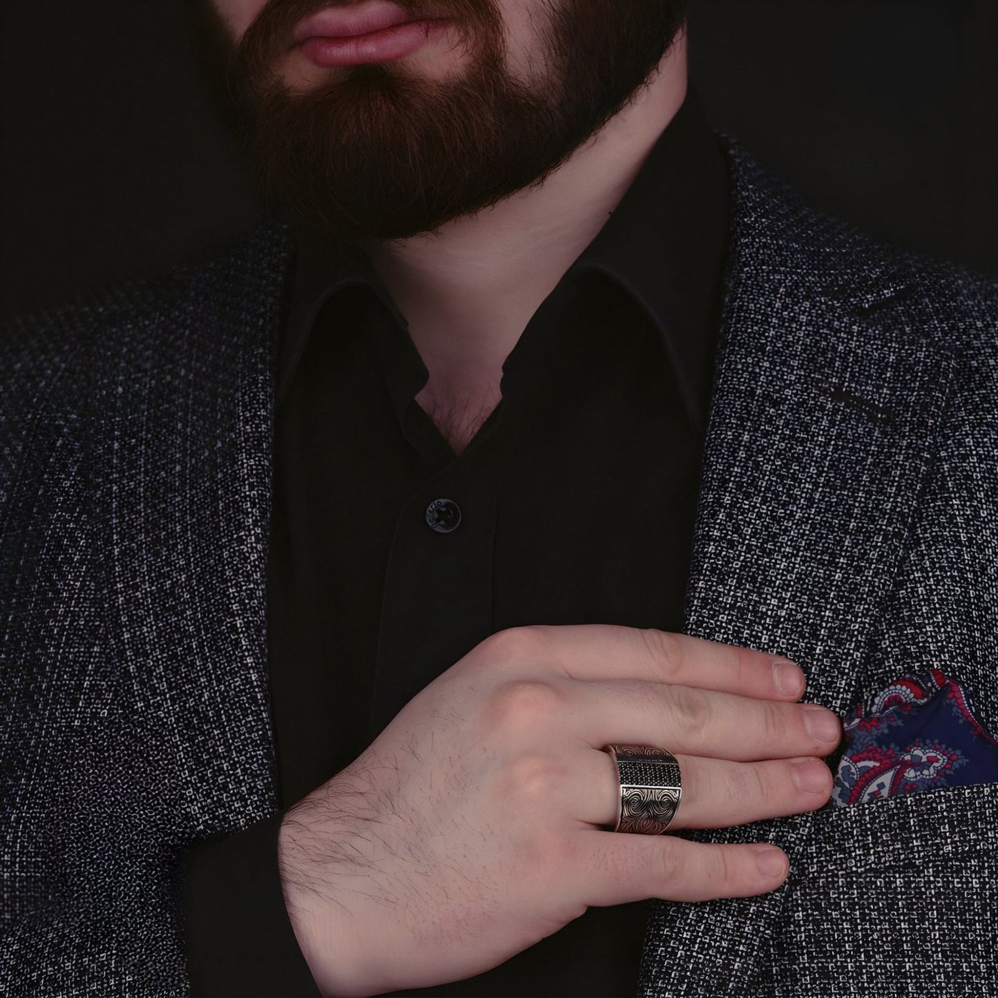 Handgefertigter Ring aus Sterlingsilber mit schwarzem Zirkon – verstellbarer Edelsteinschmuck