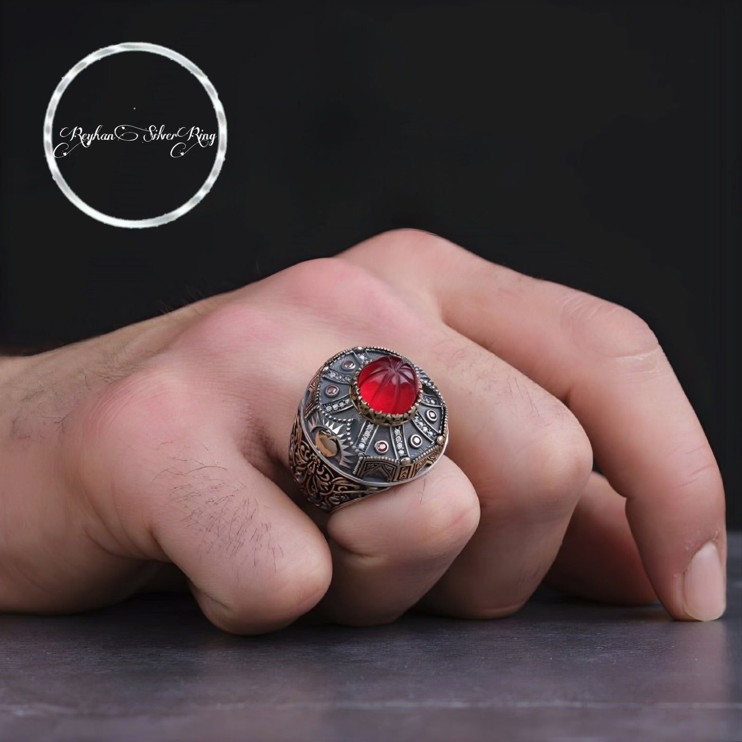Otag Ring 925 Silver Red Onyx Bronze Ottoman Handmade Men