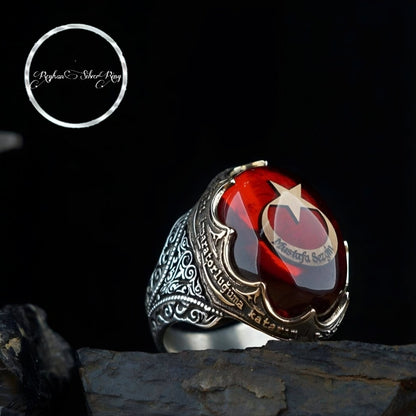 Red Amber Ring 925 Silver Crescent Star Fatih Ottoman Handmade