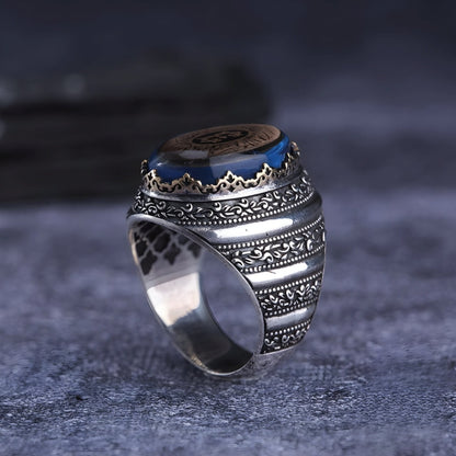 Personalized oval blue stone men's ring – view 2