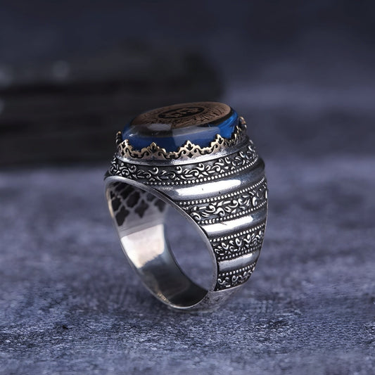 Personalized oval blue stone men's ring – view 2