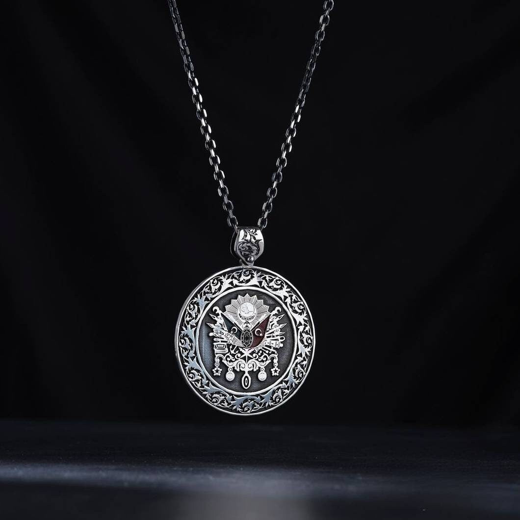 OttomanFlag 925 Sterling Silver Medallion Necklace Engraved Pendant Men's