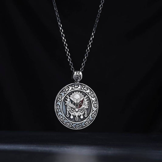 OttomanFlag 925 Sterling Silver Medallion Necklace Engraved Pendant Men's
