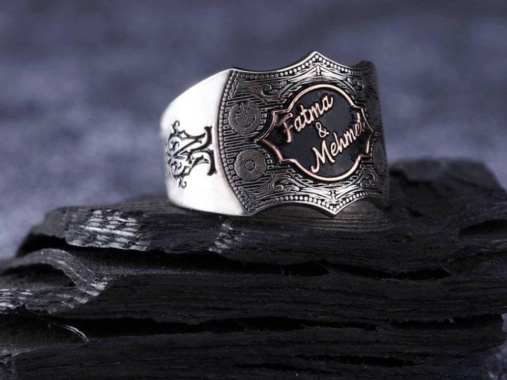 Engraved Couple Names Men's Ring, Turkish Design – view 3