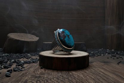 Oval Turquoise Ring 925 Silver Ottoman Men Handmade Bezel Set
