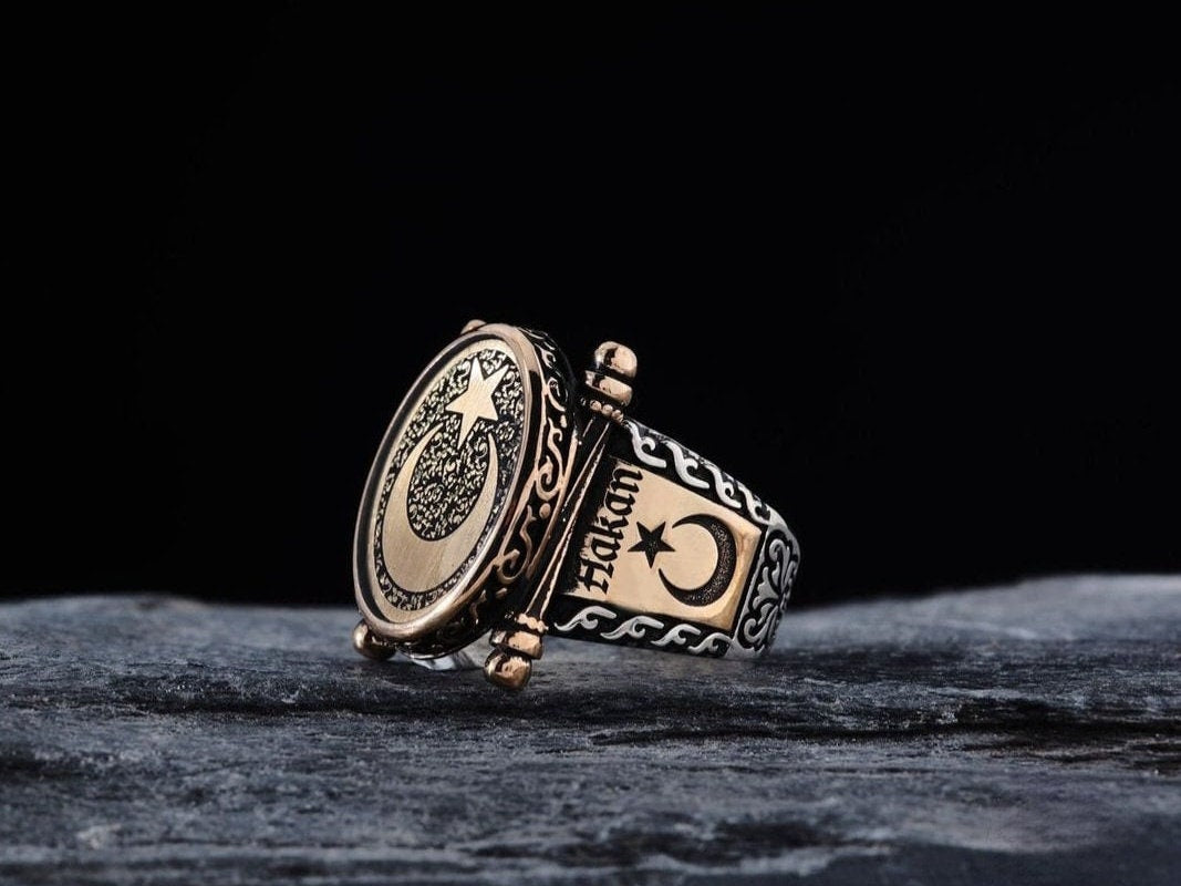 Türkischer Stern- und Mondring: Handgefertigter Herrenschmuck aus 925er Sterlingsilber