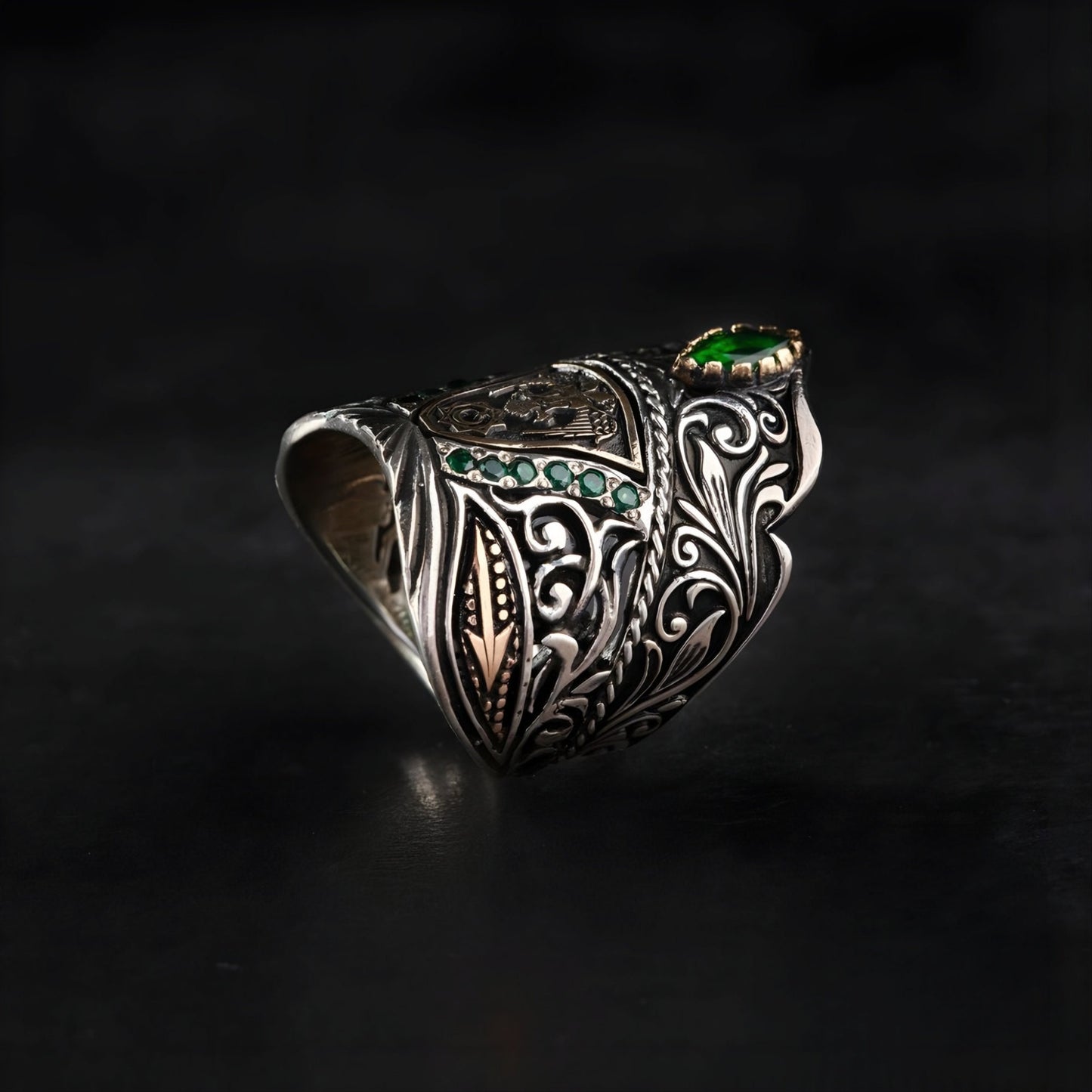 Double Eagle Zihgir Ring 925 Silver Green Zircon Seljuk Handmade