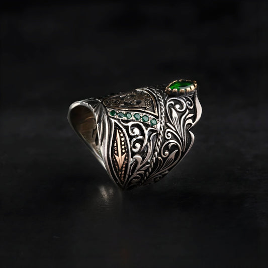 Double Eagle Zihgir Ring 925 Silver Green Zircon Seljuk Handmade