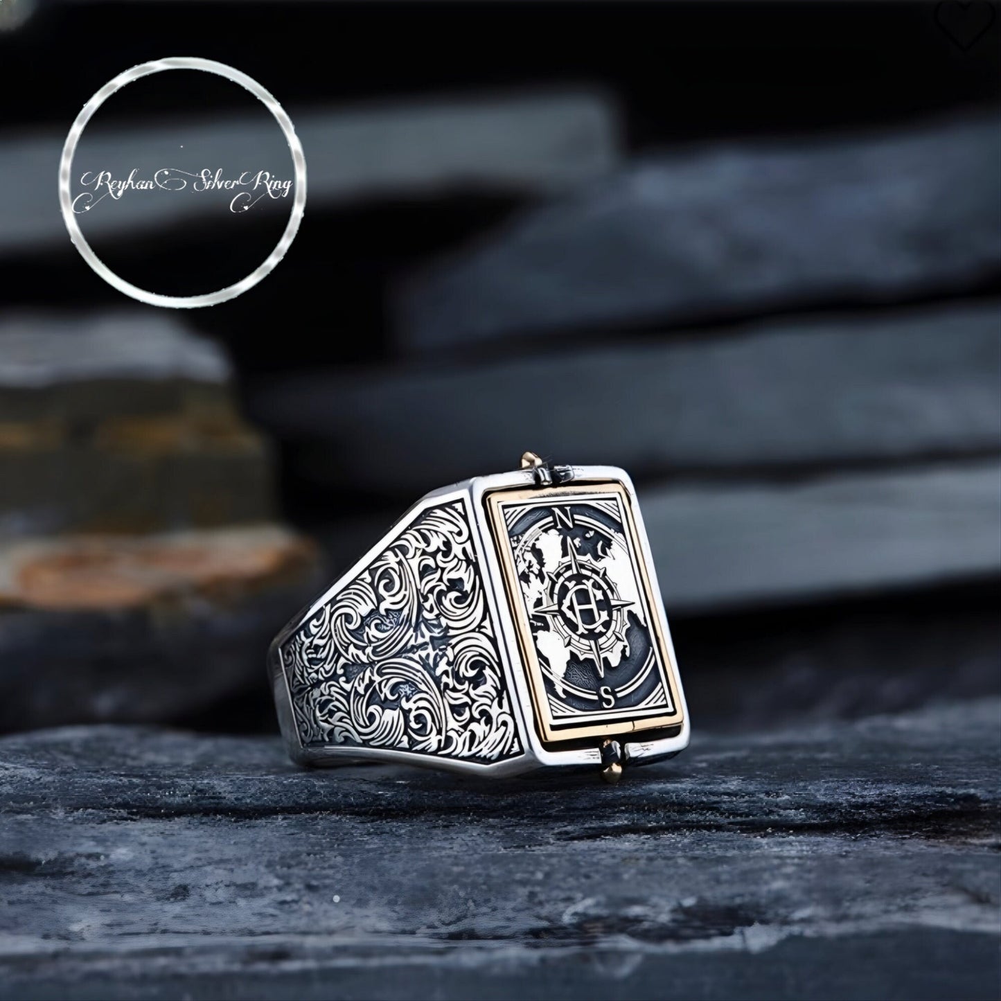 Double-Sided Rotating Compass Ring 925 Sterling Silver Custom Names Handcrafted