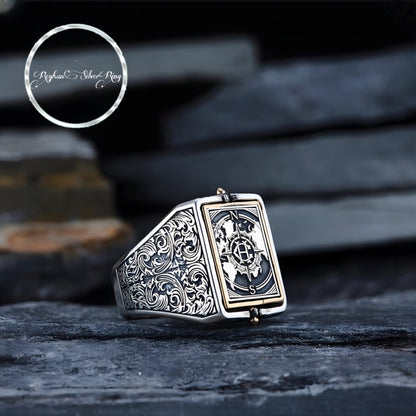Double-Sided Rotating Compass Ring 925 Sterling Silver Custom Names Handcrafted