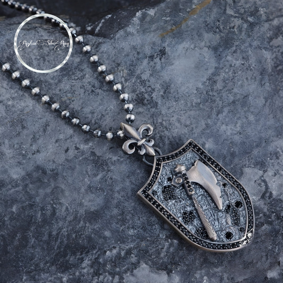 Axe pendant necklace with black zircon – view 2