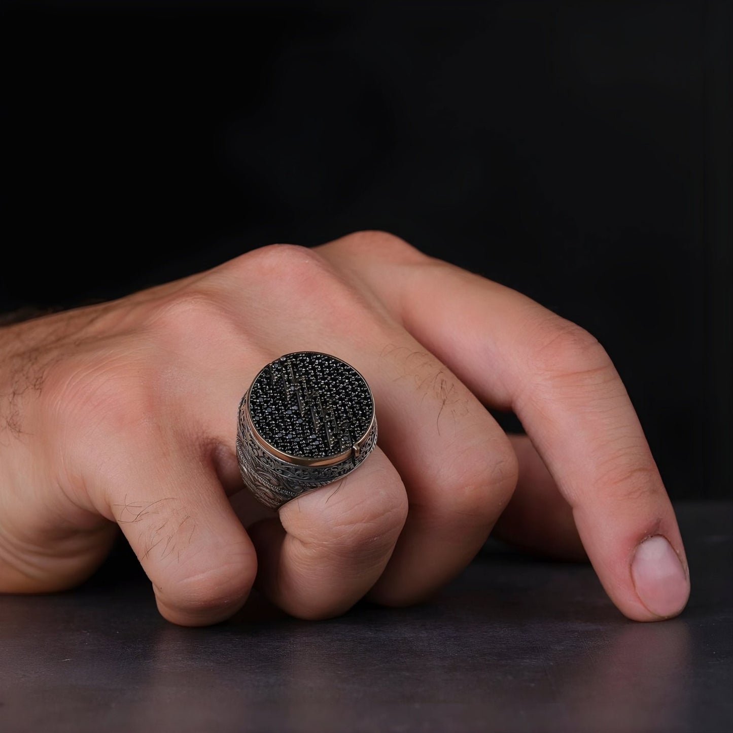 Türkischer handgefertigter Ring mit schwarzem Zirkonia – Namensring für Damen und Herren