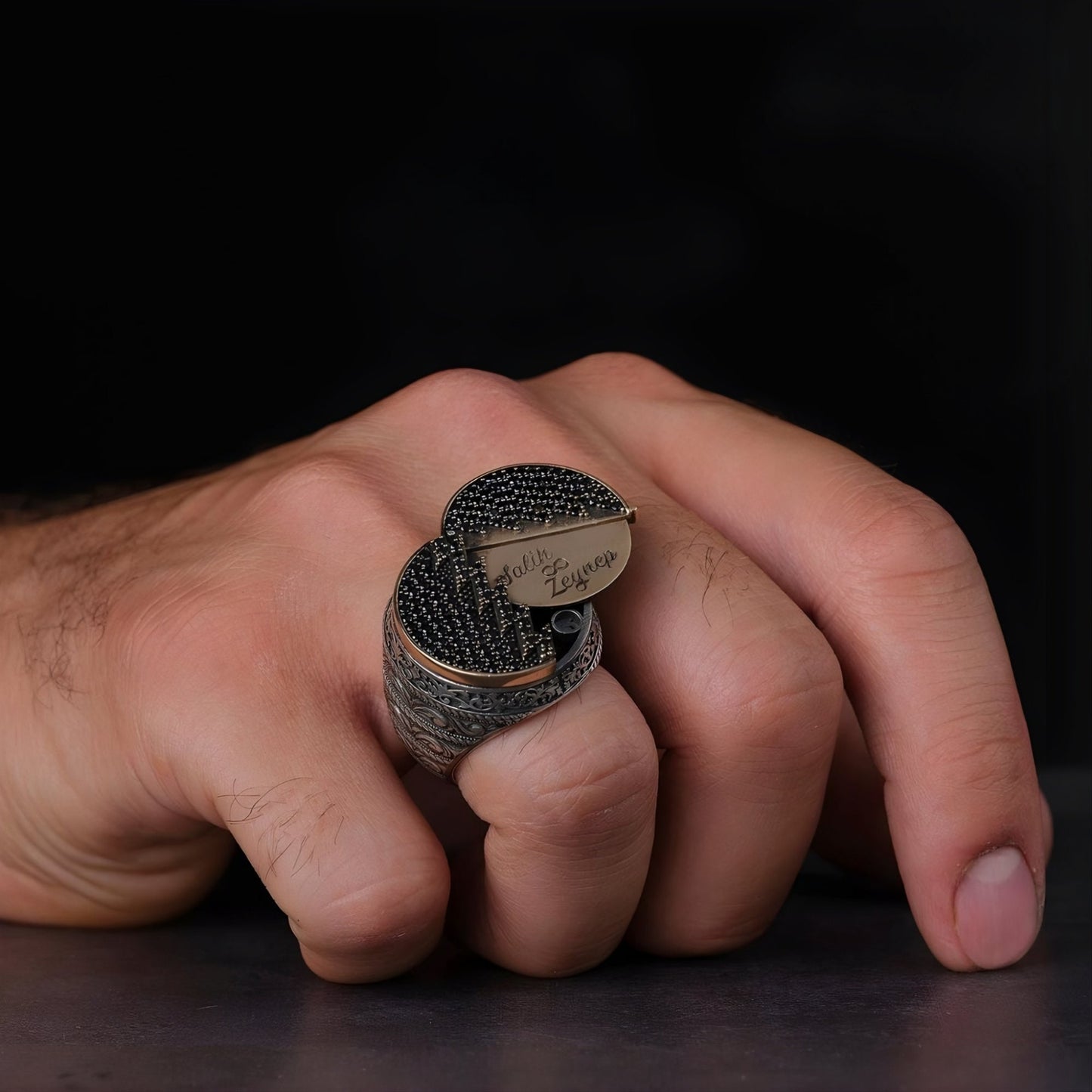 Türkischer handgefertigter Ring mit schwarzem Zirkonia – Namensring für Damen und Herren