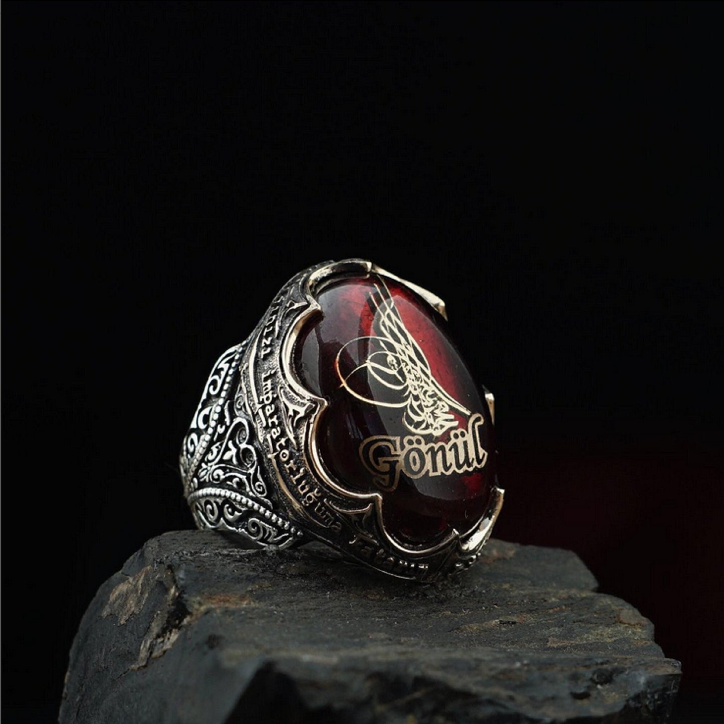 Red Fire Amber Ring 925 Silver OttomanTughra Gonul Men Handcrafted