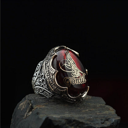 Red Fire Amber Ring 925 Silver OttomanTughra Gonul Men Handcrafted