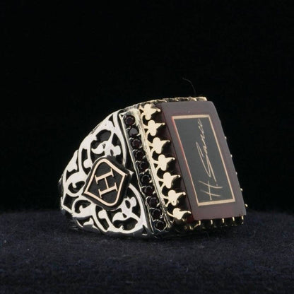 Signature Ring, Your Signature on Fire Amber, Onyx Accents – view 2