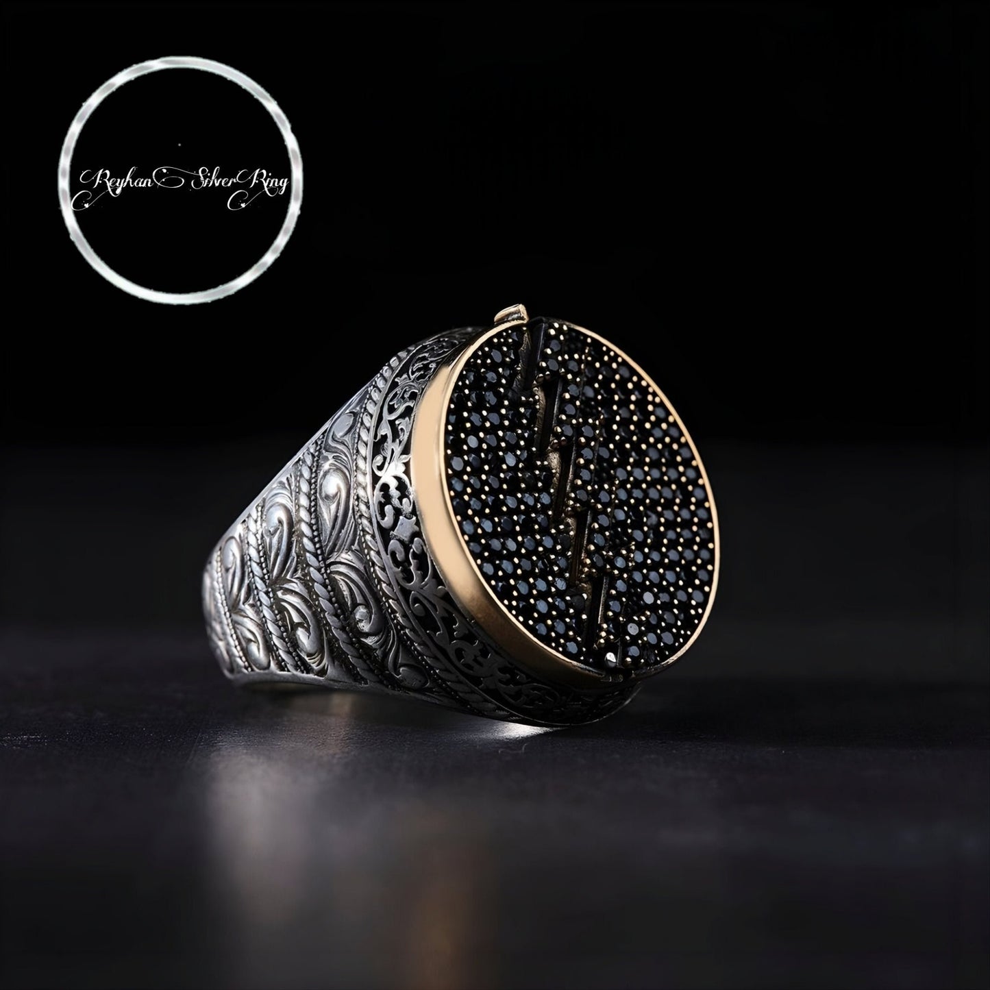 Türkischer handgefertigter Ring mit schwarzem Zirkonia – Namensring für Damen und Herren