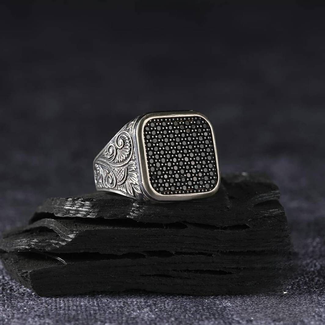 Square Zircon Ring 925 Sterling Silver Micron Stone OttomanHandmade Men