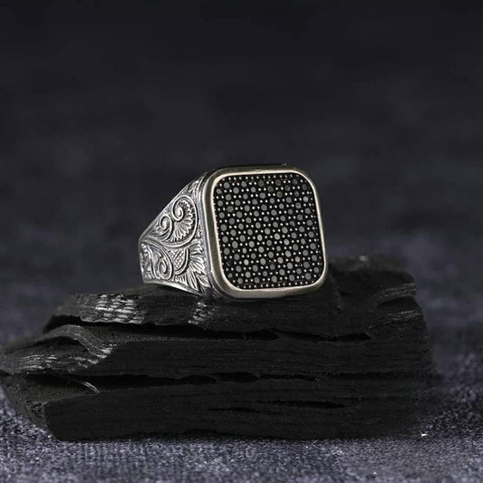 Square Zircon Ring 925 Sterling Silver Micron Stone OttomanHandmade Men