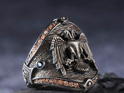 Double-Headed Eagle Ring – Citrine Stone 925 Silver | Men's Ring