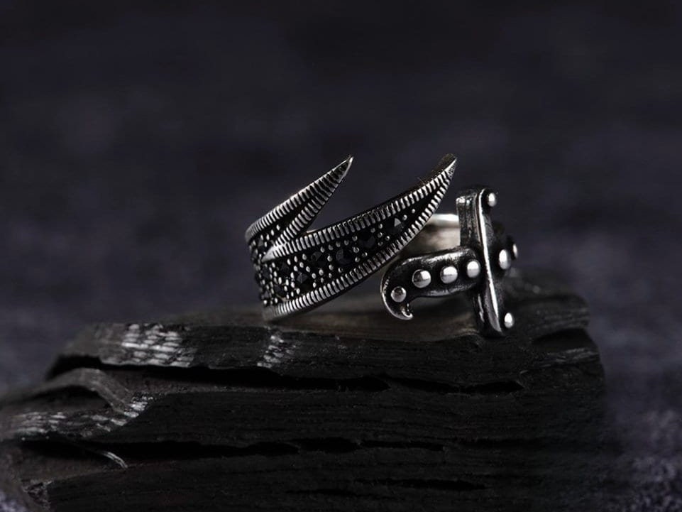 Zulfiqar Sword Ring 925 Silver Black Zircon Adjustable Handmade