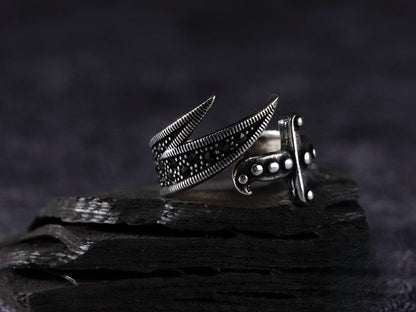Zulfiqar Sword Ring 925 Silver Black Zircon Adjustable Handmade