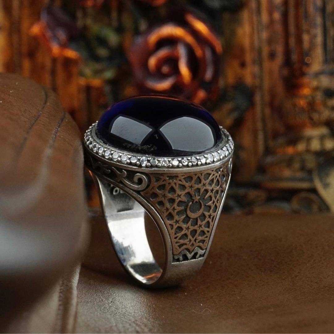 Premium Dark Blue Amber Seljuk Star 925 Silver Men's Ring