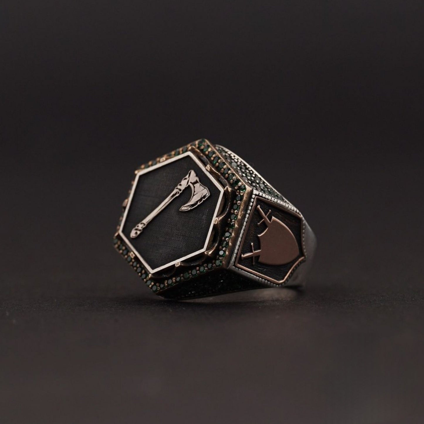 Viking Axe Ring 925 Silver Green Zircon Ottoman Handmade Men