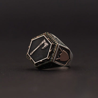Viking Axe Ring 925 Silver Green Zircon Ottoman Handmade Men