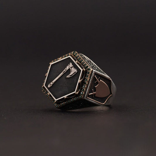 Viking Axe Ring 925 Silver Green Zircon Ottoman Handmade Men
