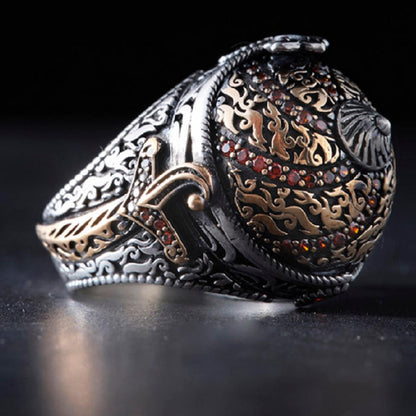 Red Zircon Ring 925 Silver Ottoman Helmet Handmade Men