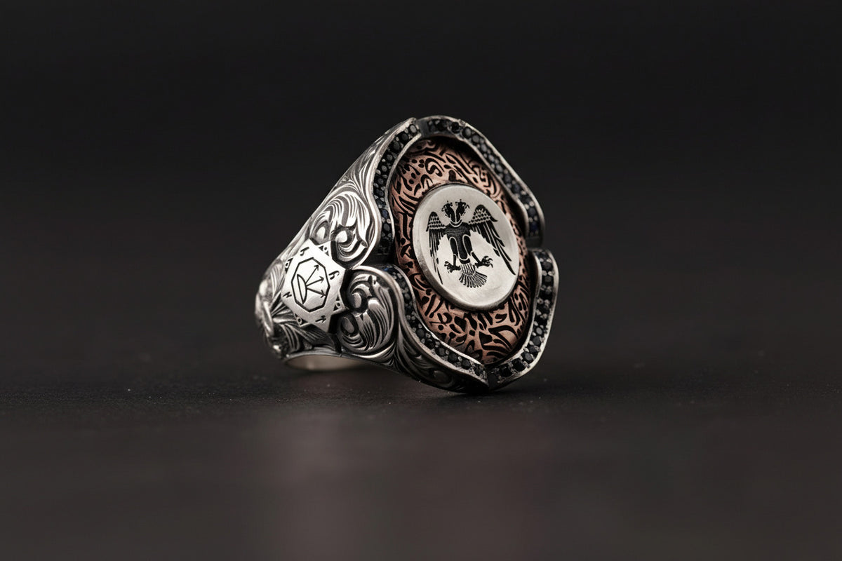 Double Eagle Ring 925 Silver Oguz Kagan Seal Zircon
