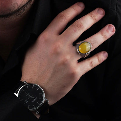 Yellow agate men's ring in claw setting – view 2