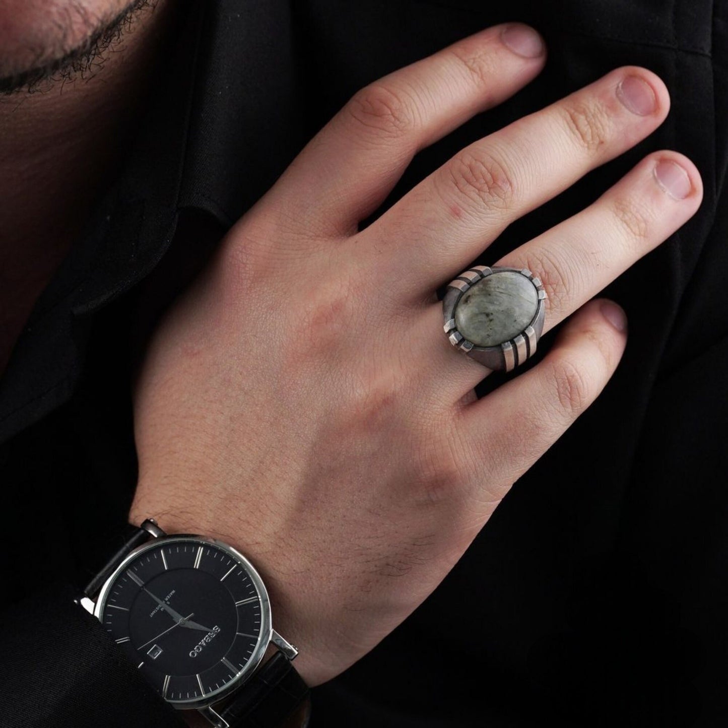 Labradorite Stone Ring: Oval Sterling Silver Statement Ring