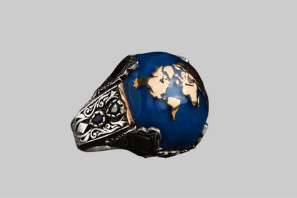 Red Apple World Map Ring 925 Silver Four Angels Handmade Men