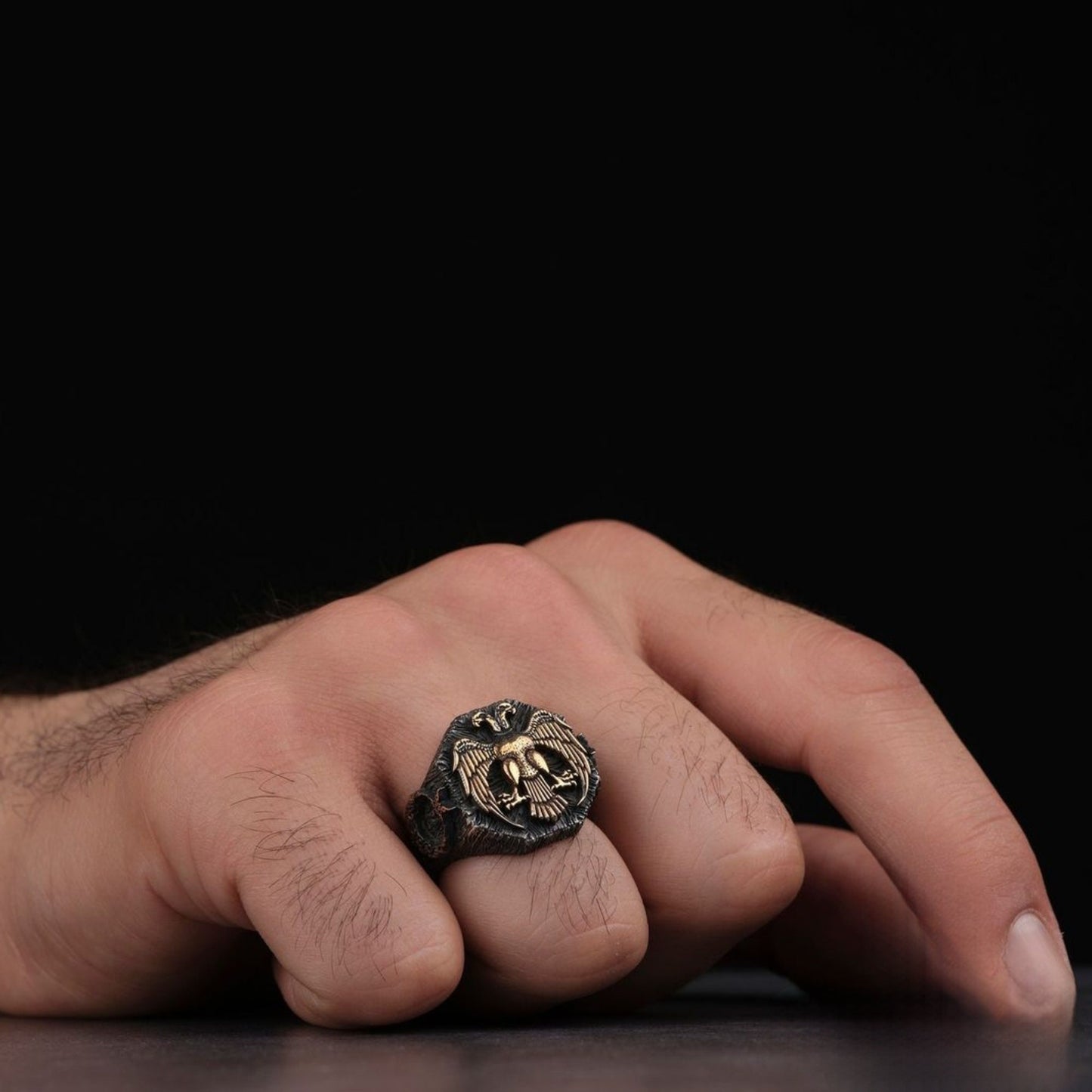 925 Sterling Silver Double-Headed Eagle Ring: Seljuk Design