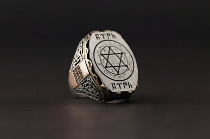 Seal of Solomon Ring 925 Silver Gokturk Ebced Red Zircon Handmade