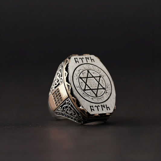 Seal of Solomon Ring – Gökturk Script & Red Zircon | 925 Silver