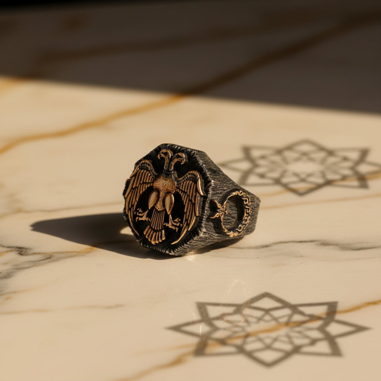 925 Sterling Silver Double-Headed Eagle Ring: Seljuk Design