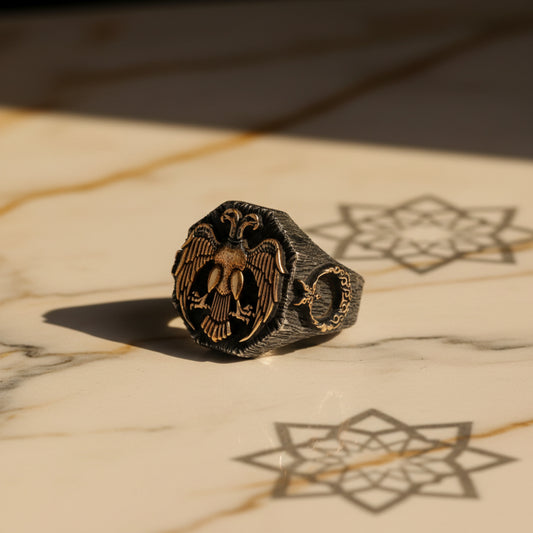 925 Sterling Silver Double-Headed Eagle Ring: Seljuk Design